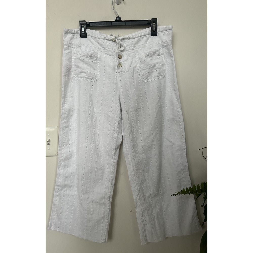 Sundance White Lace Wide-Leg Cropped Embroidered Raw Hem Pants Button Sz M